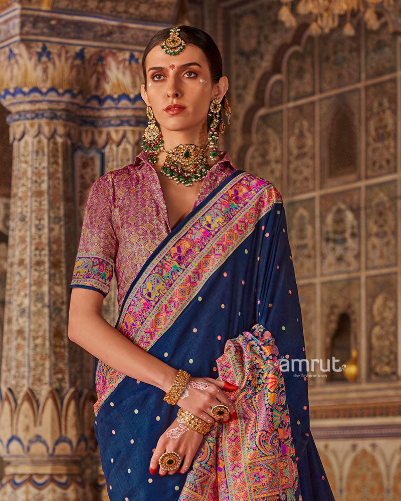 Navy Blue with Floral Motifs Printed Border Saree and Unstitched Blouse 02