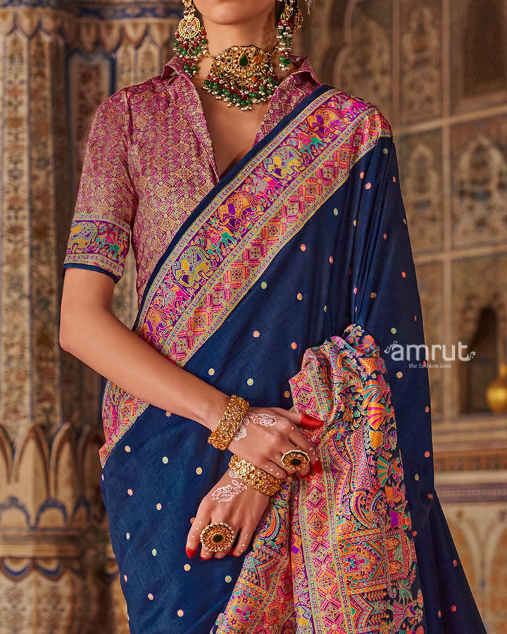 Navy Blue with Floral Motifs Printed Border Saree and Unstitched Blouse 03