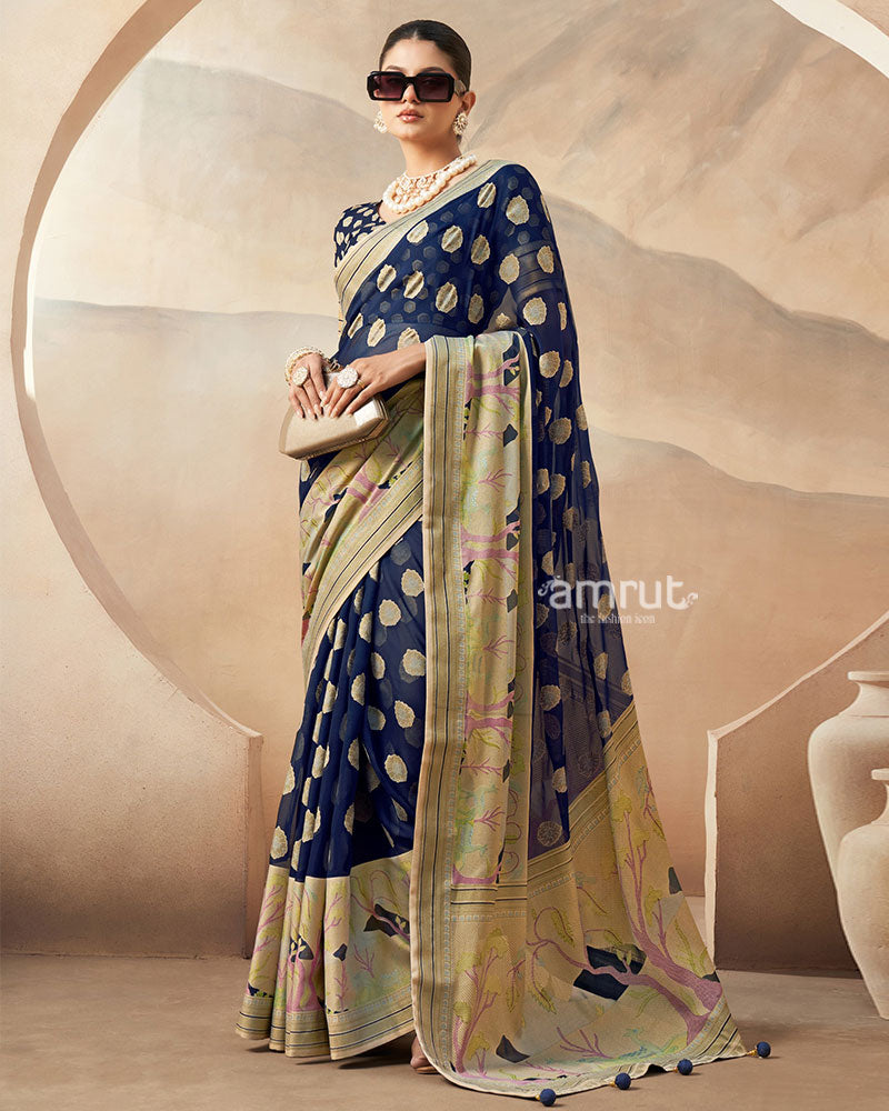 Navy Blue with Golden Polka Dots Nature Inspired Print Border Georgette Saree and Unstitched Blouse 01