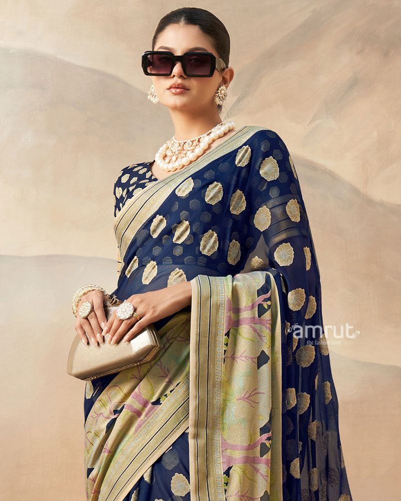 Navy Blue with Golden Polka Dots Nature Inspired Print Border Georgette Saree and Unstitched Blouse 02