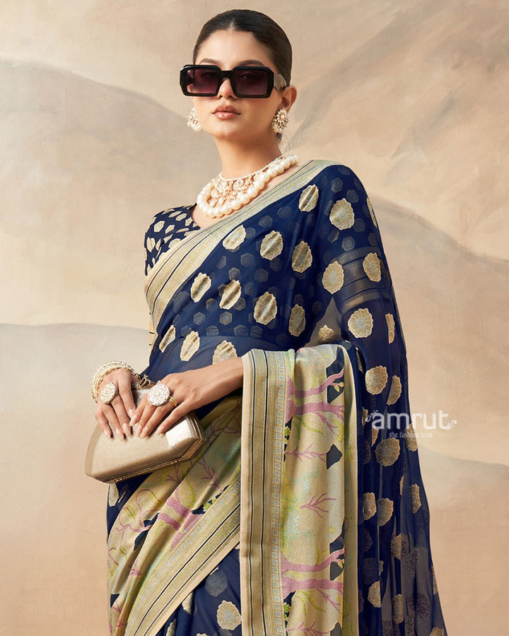 Navy Blue with Golden Polka Dots Nature Inspired Print Border Georgette Saree and Unstitched Blouse 02