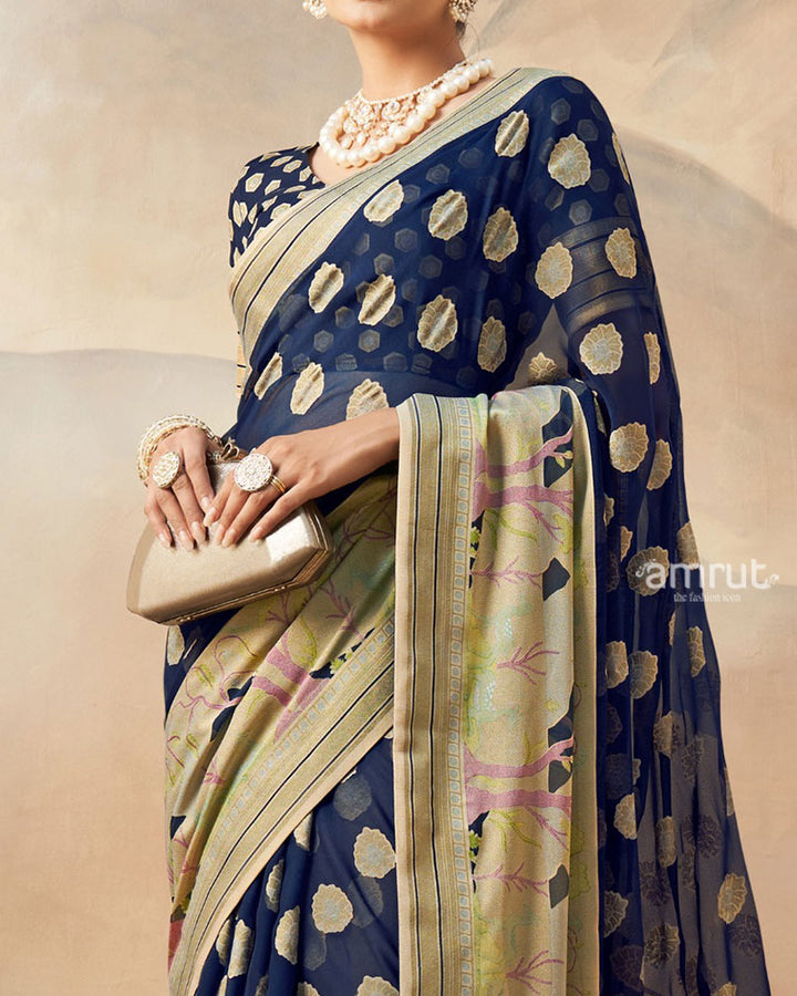 Navy Blue with Golden Polka Dots Nature Inspired Print Border Georgette Saree and Unstitched Blouse 03