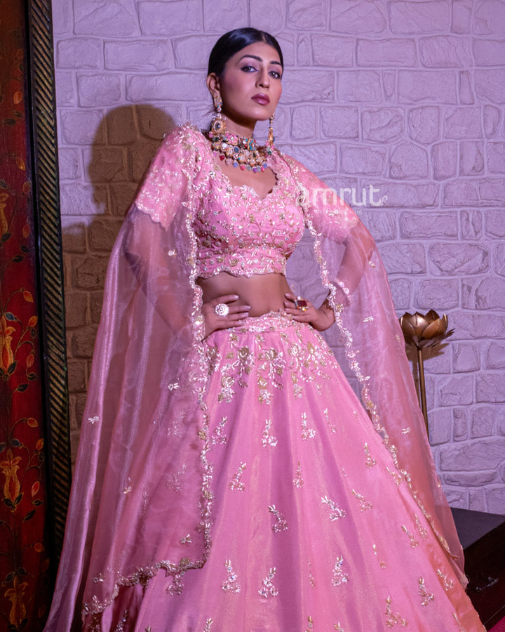 Neon Pink Embroidered Silk Lehenga Set With Organza Dupatta