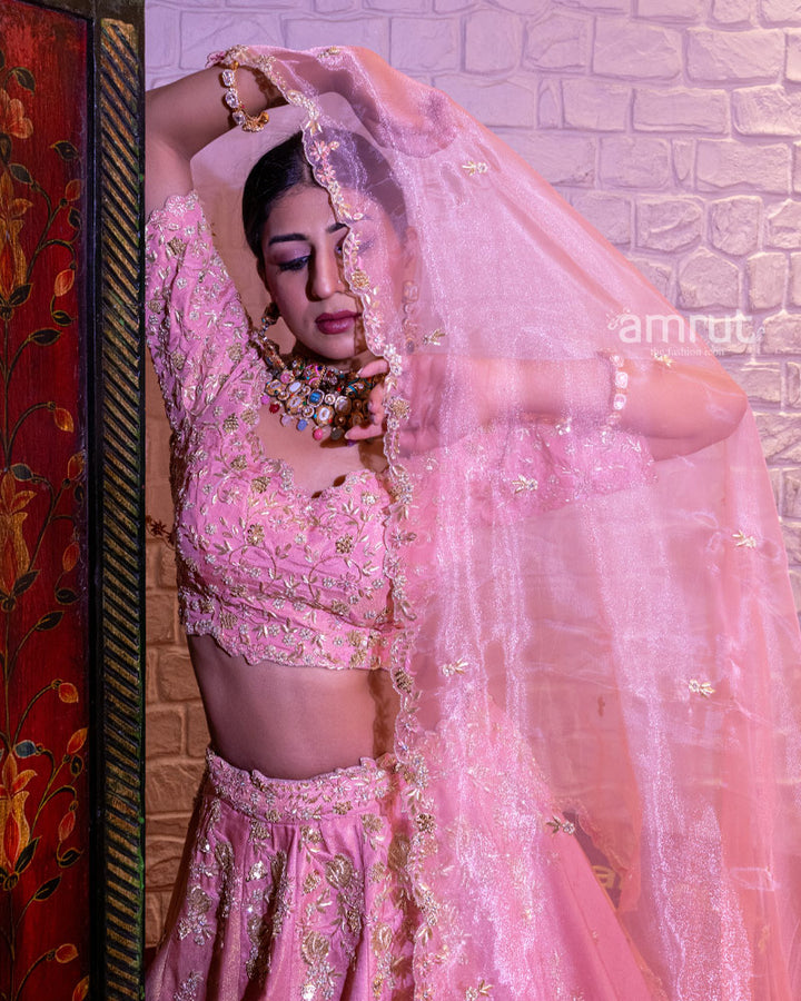 Neon Pink Embroidered Silk Lehenga Set With Organza Dupatta