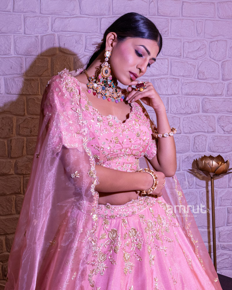 Neon Pink Embroidered Silk Lehenga Set With Organza Dupatta