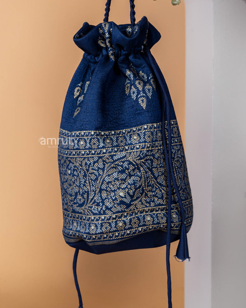 Nile Blue Cotton Silk Potli Bag With Black Border for Women