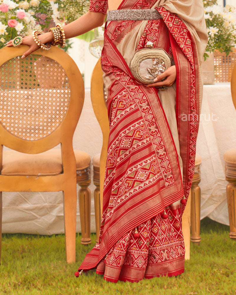 Nude Beige Silk Saree With an Ikat Weave Pallu and Tassel