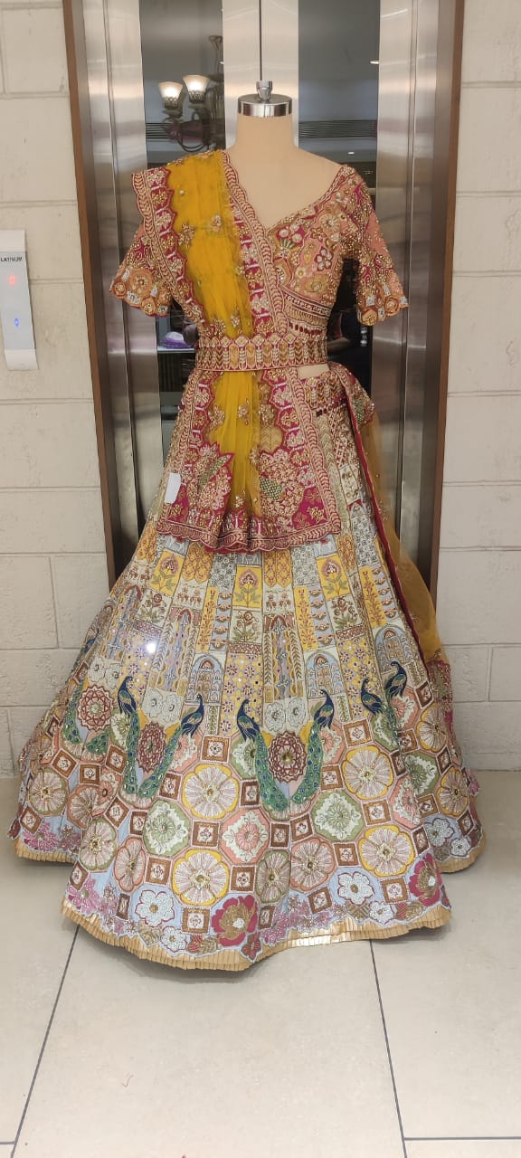 Multicolour Peacock Embroidered Bridal Lehenga with Mustard Dupatta – Heritage Mosaic Couture