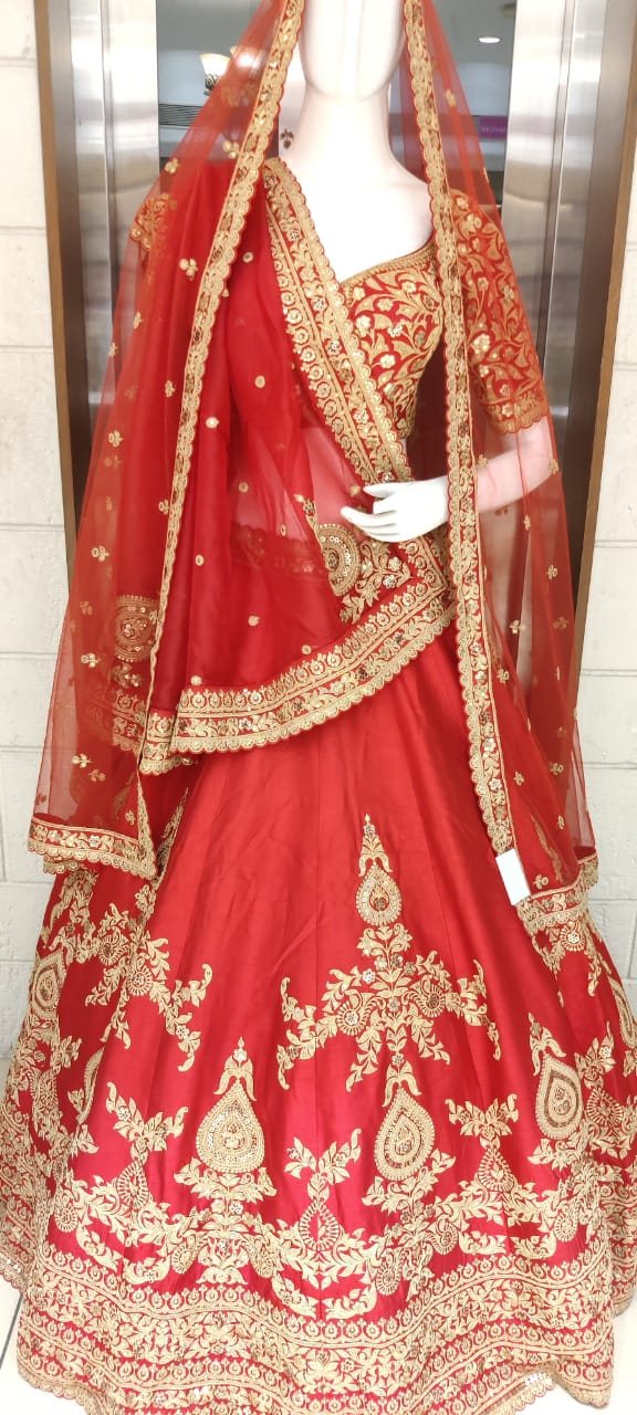 Classic Red Handcrafted Bridal Silk Lehenga with Antique Zari & Sequins Embroidery