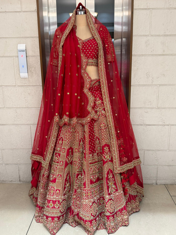 Crimson Red Zardozi Bridal Lehenga with Double Dupatta – The Royal Heritage Edit