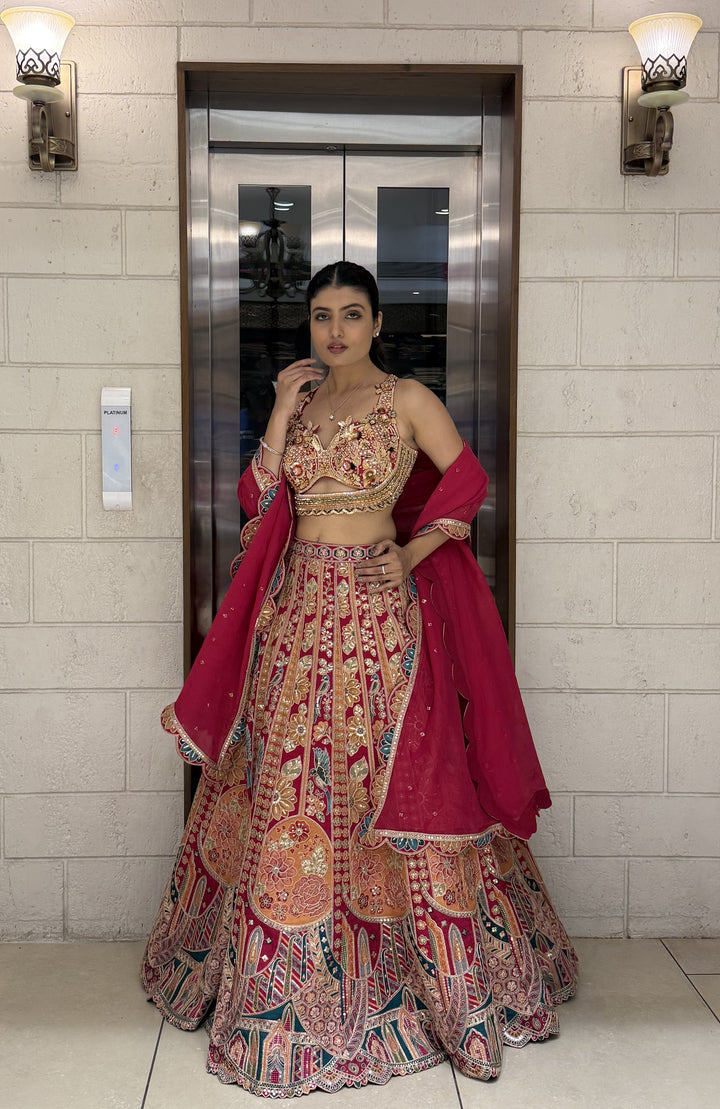 Traditional Multicolor Embroidered Bridal Lehenga with Pink Dupatta