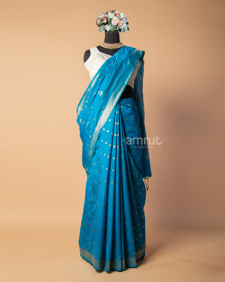 Ocean Blue Banarasi Silk Saree With Zari Border