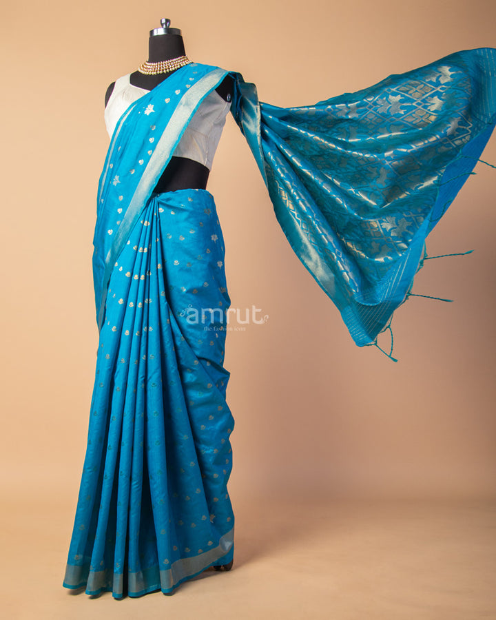 Ocean Blue Banarasi Silk Saree With Zari Border