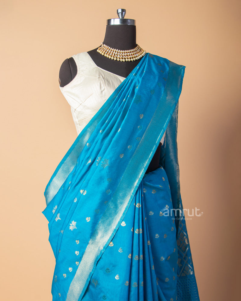 Ocean Blue Banarasi Silk Saree With Zari Border