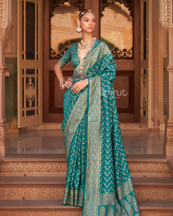 Ocean Green Foil Printed Silk Saree With Unstitched Blouse and Tassel