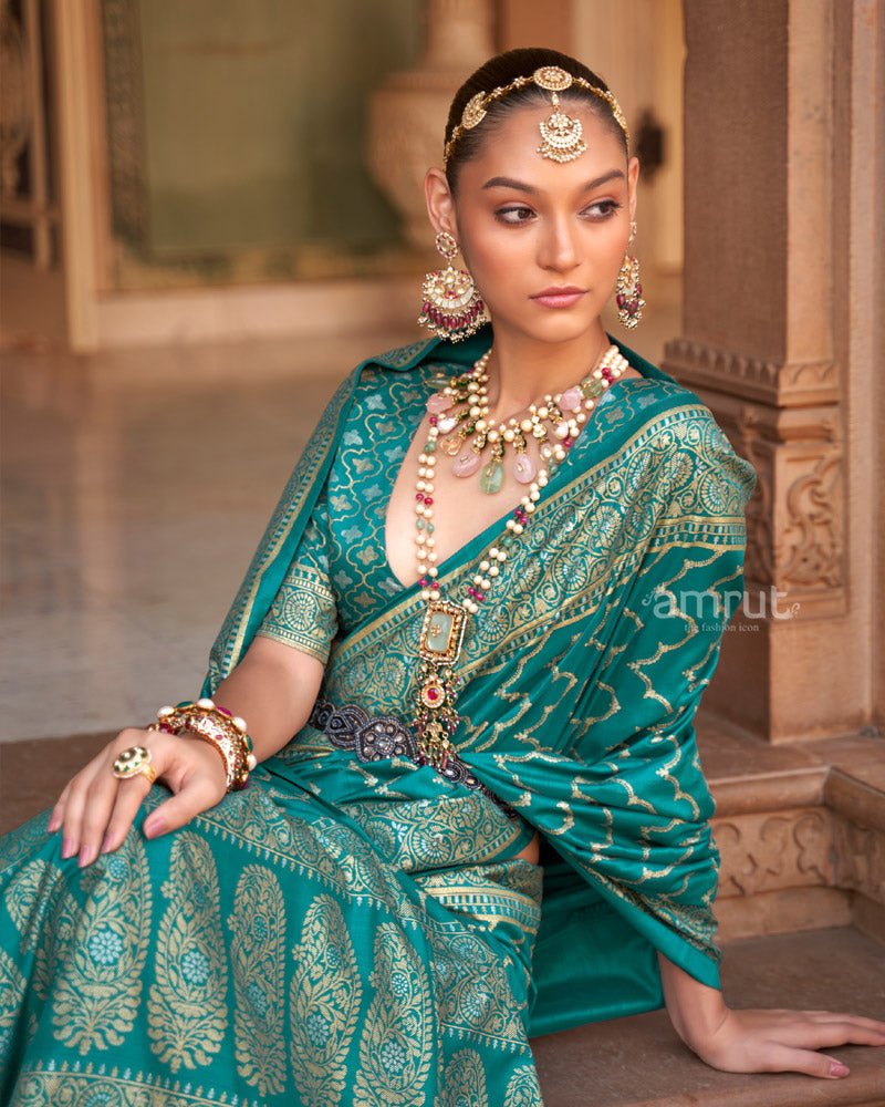 Ocean Green Foil Printed Silk Saree With Unstitched Blouse and Tassel