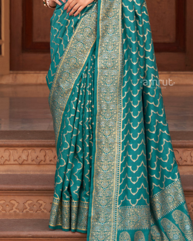 Ocean Green Foil Printed Silk Saree With Unstitched Blouse and Tassel