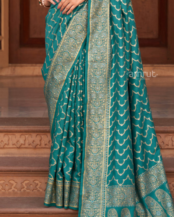 Ocean Green Foil Printed Silk Saree With Unstitched Blouse and Tassel