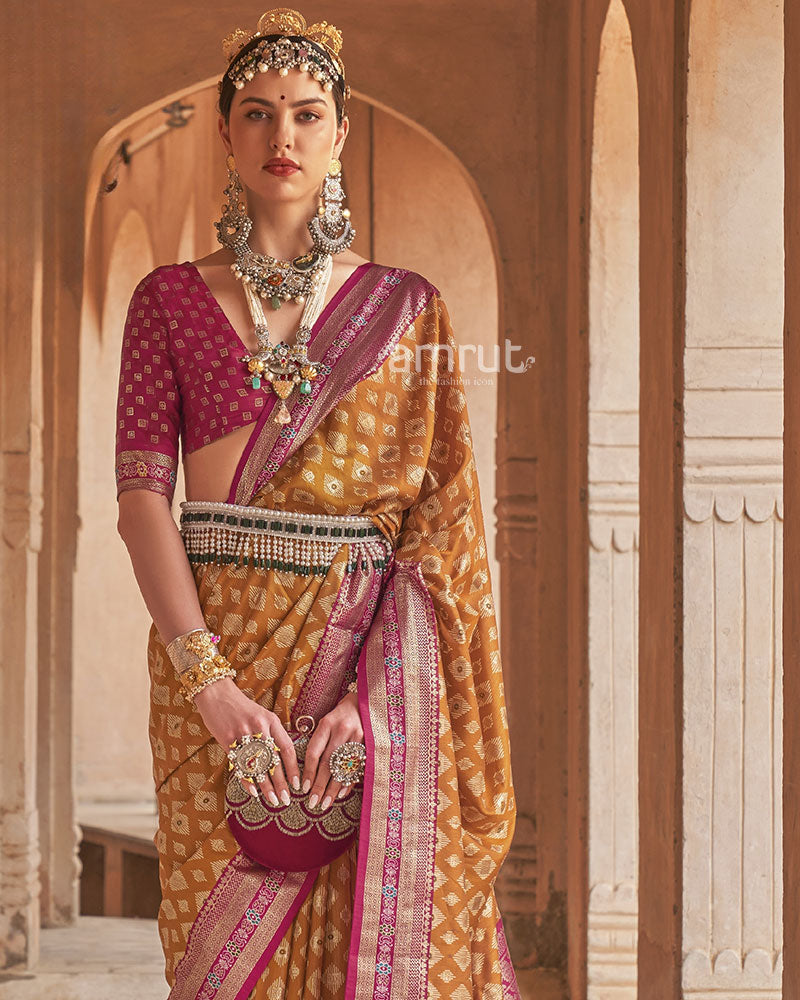 Ochre Yellow Cotton Silk Printed Saree With Pallu and Unstitched Blouse Piece