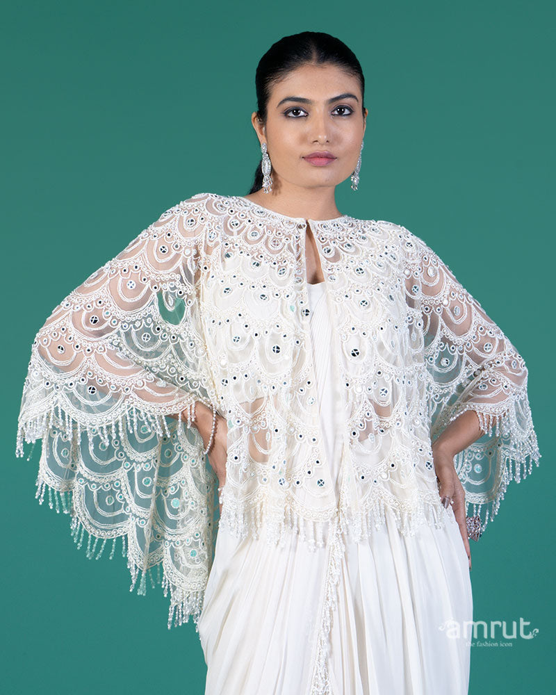 Off-White Ready-to-Wear Saree with Embellished Capelet and Blouse 02