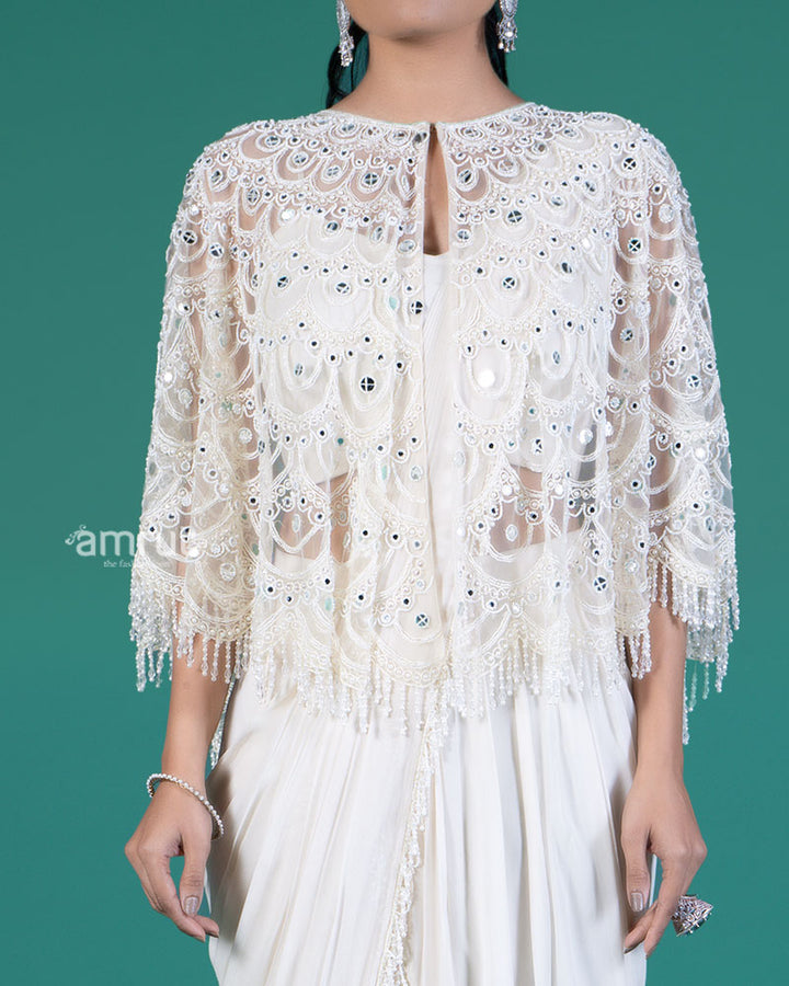 Off-White Ready-to-Wear Saree with Embellished Capelet and Blouse 03