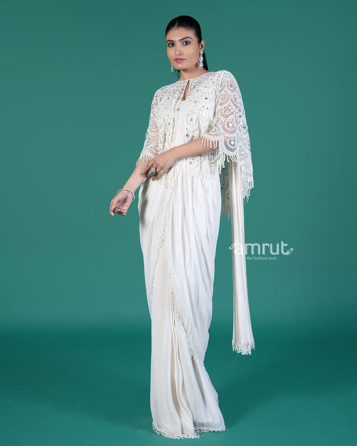 Off-White Ready-to-Wear Saree with Embellished Capelet and Blouse 04