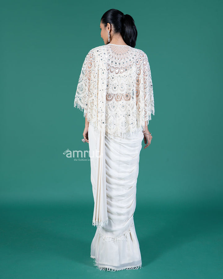Off-White Ready-to-Wear Saree with Embellished Capelet and Blouse 05