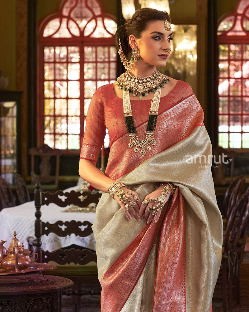 Beige Silk Saree and Zari Pallu With Unstitch Blouse