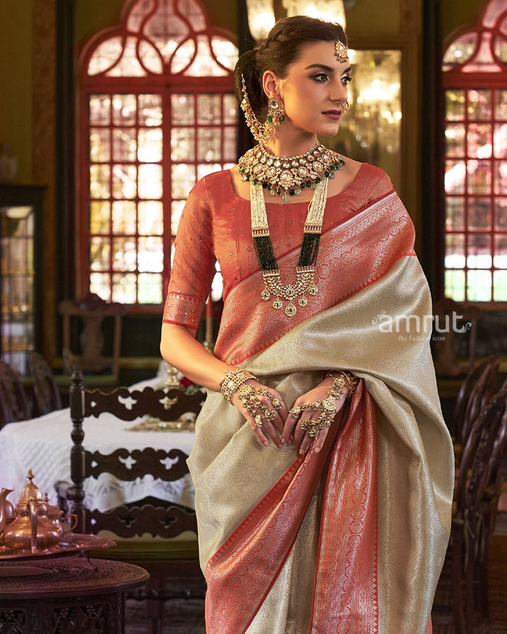 Beige Silk Saree and Zari Pallu With Unstitch Blouse