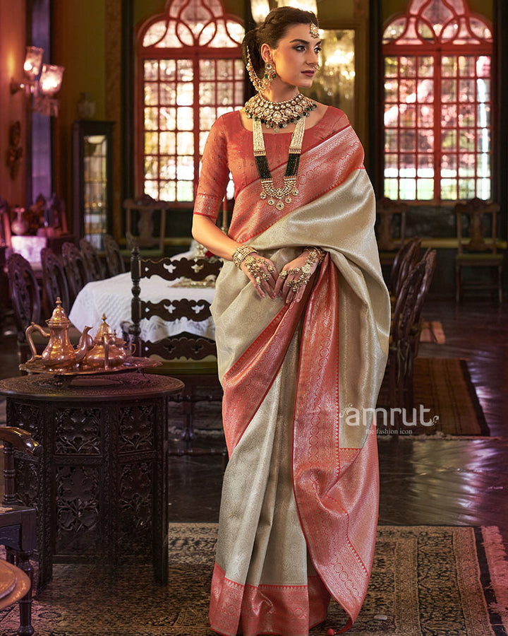 Beige Silk Saree and Zari Pallu With Unstitch Blouse