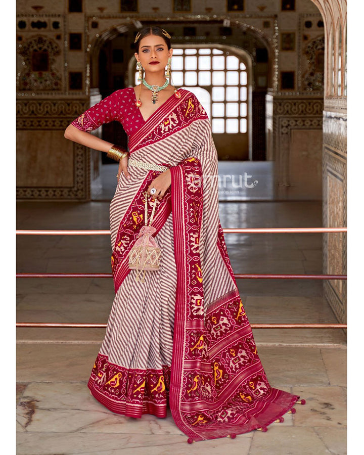 Off White Color Patola Cotton Silk Saree with Unstitched Blouse