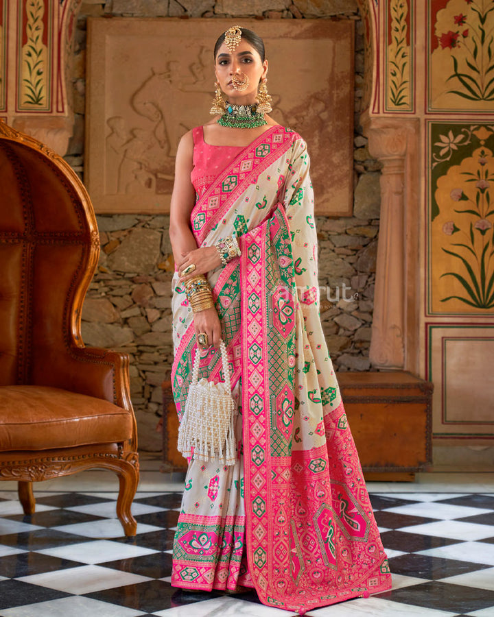 Off White With Pink Border Silk Traditional Saree