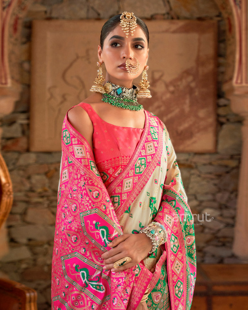 Off White With Pink Border Silk Traditional Saree