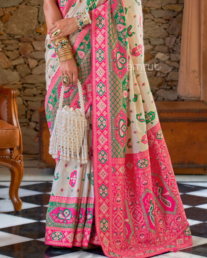 Off White With Pink Border Silk Traditional Saree