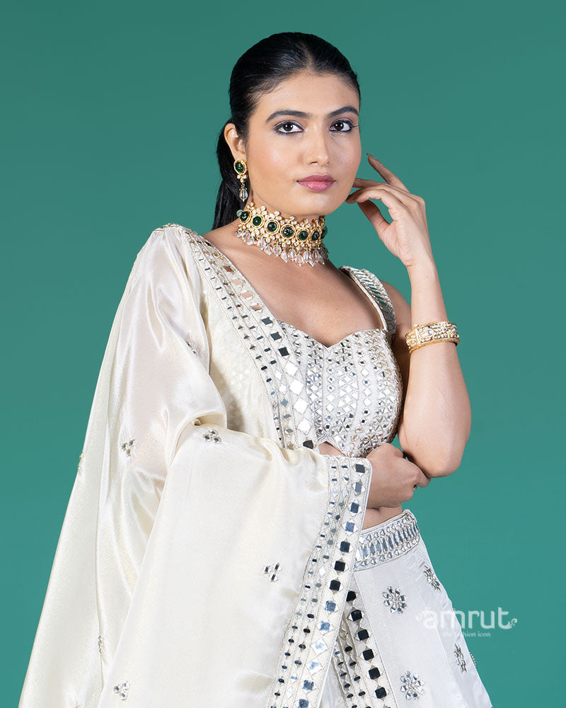 Off White Mirror Embellished Lehenga Choli with Dupatta 02