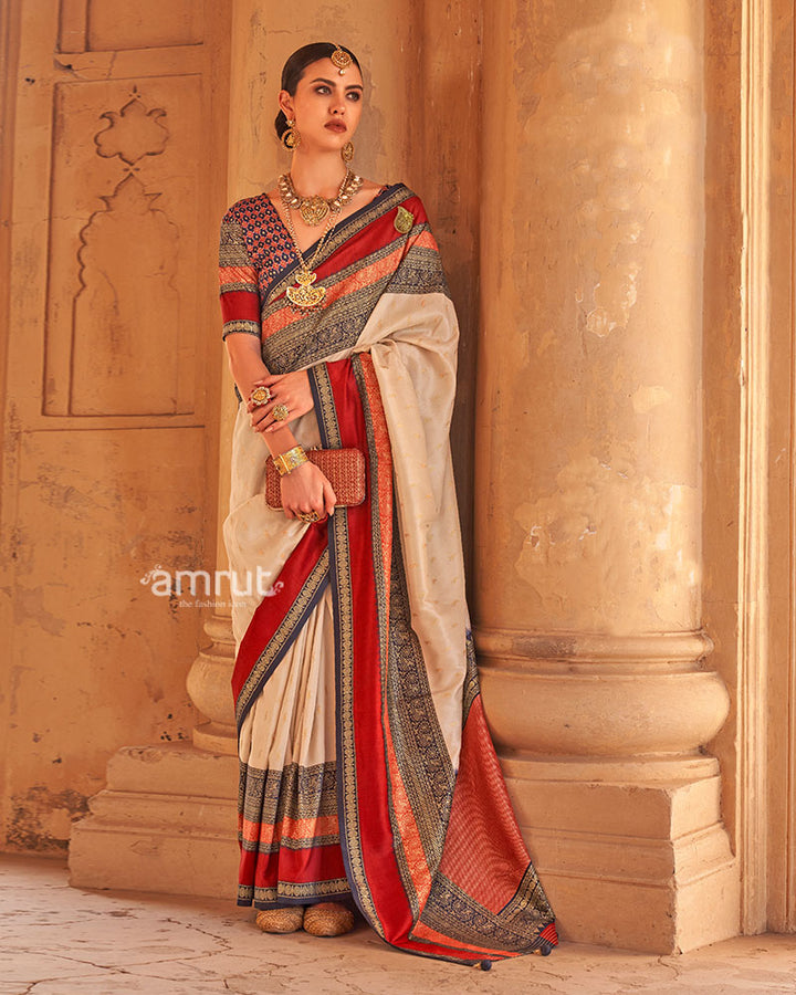 Off White and Multicolor Printed Patola Silk Saree with Unstitched Blouse 01