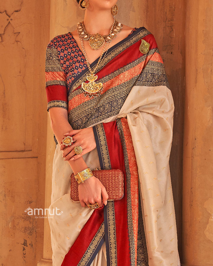 Off White and Multicolor Printed Patola Silk Saree with Unstitched Blouse 03