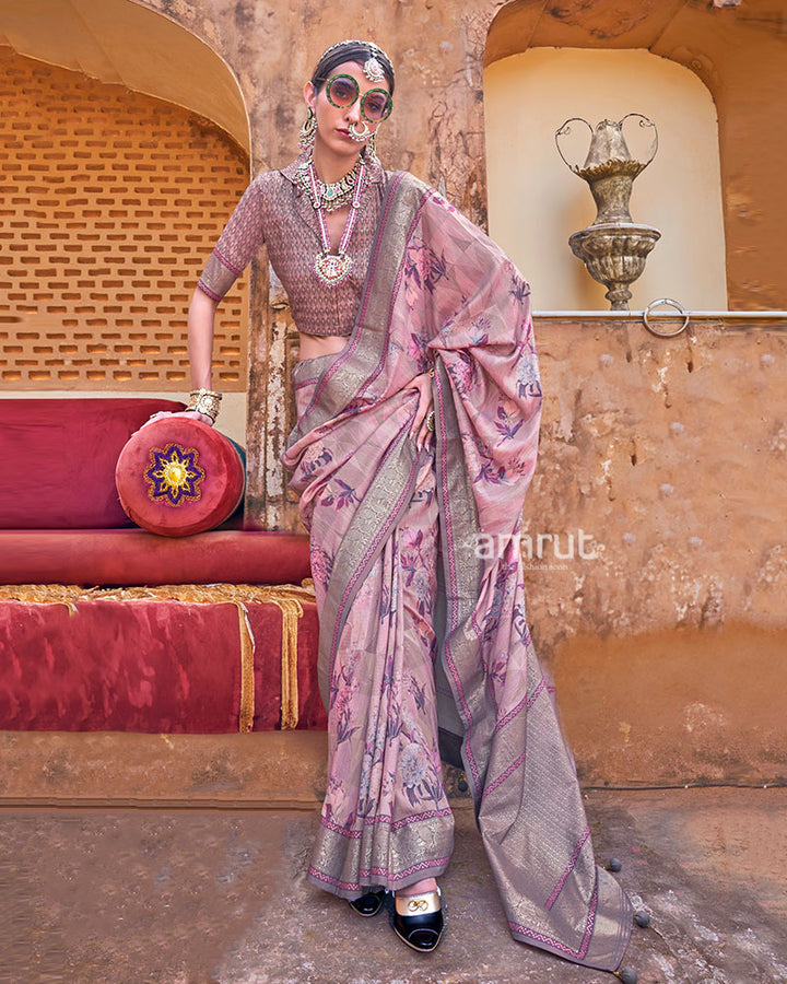 Old Pink Floral Printed Silk Saree with Unstitched Blouse 01
