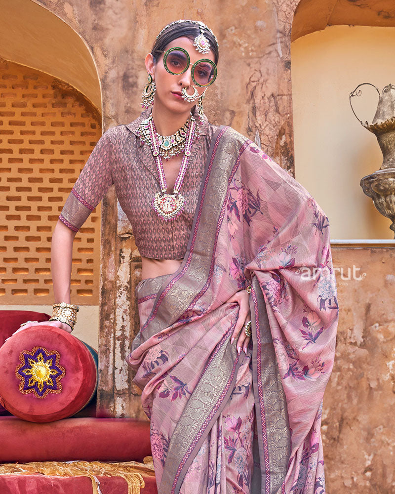 Old Pink Floral Printed Silk Saree with Unstitched Blouse 02