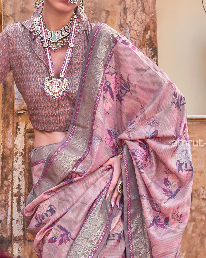 Old Pink Floral Printed Silk Saree with Unstitched Blouse 03