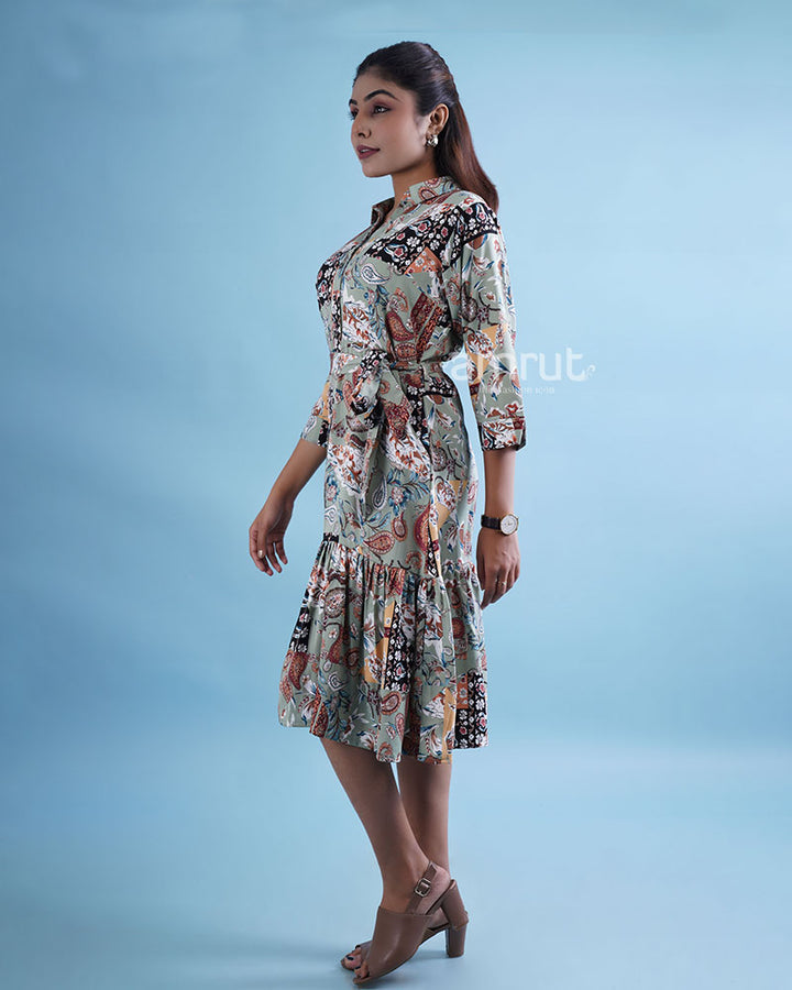 Olive Green Cotton Printed Flared Dress