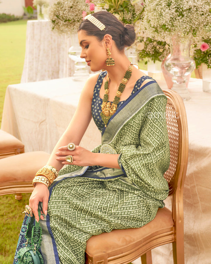 Olive Green Ikat Weave Printed Silk Saree With Zari Woven Border