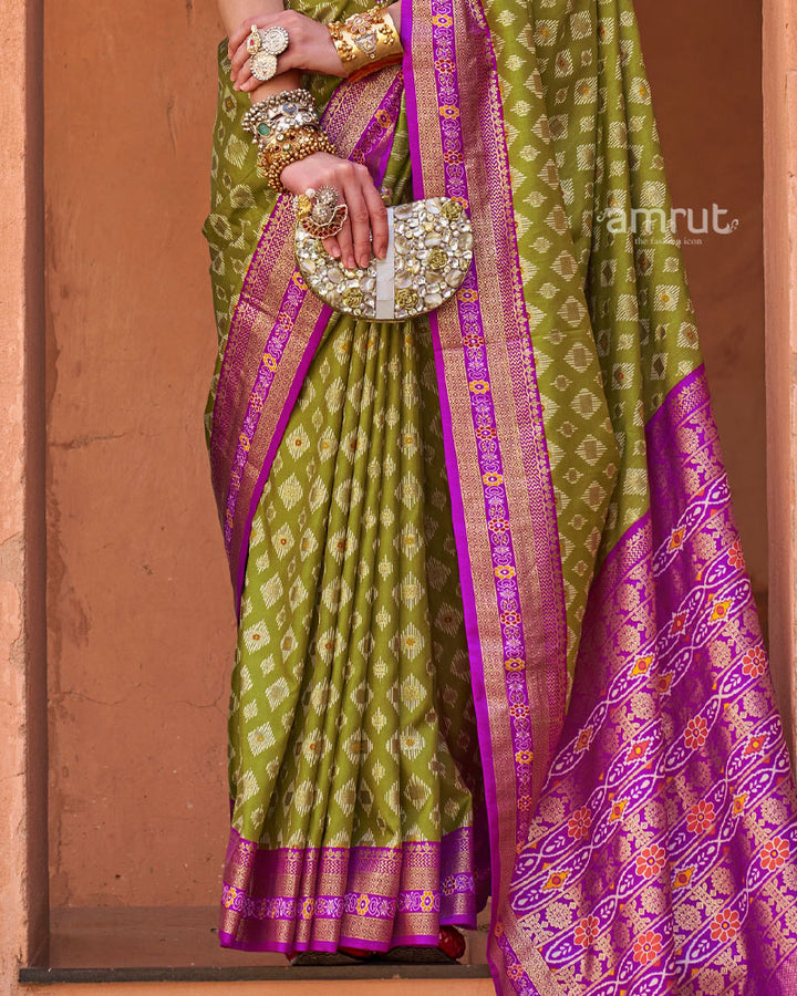 Olive Green Overall Printed Silk Saree With Contrast Zari Woven Border