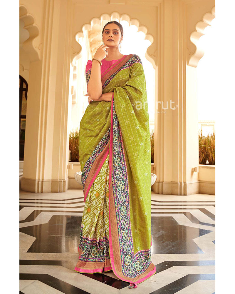 Olive Green Saree With Printed Border Art