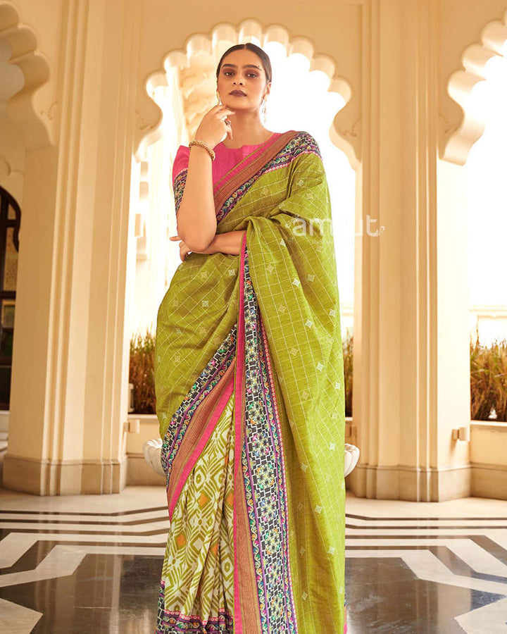 Olive Green Saree With Printed Border Art