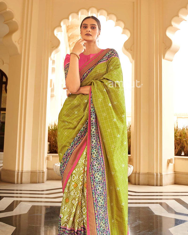 Light Olive Green Kantha Stitch Blended Bangalore Silk Saree – Craftyle