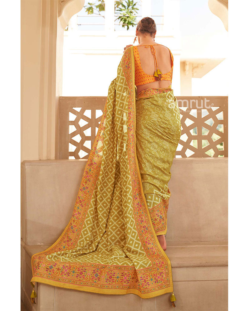Olive Green Saree With Printed yellow Border