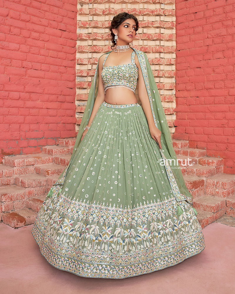 Embroidered Net Lehenga in Dusty Olive Green : LQY1150