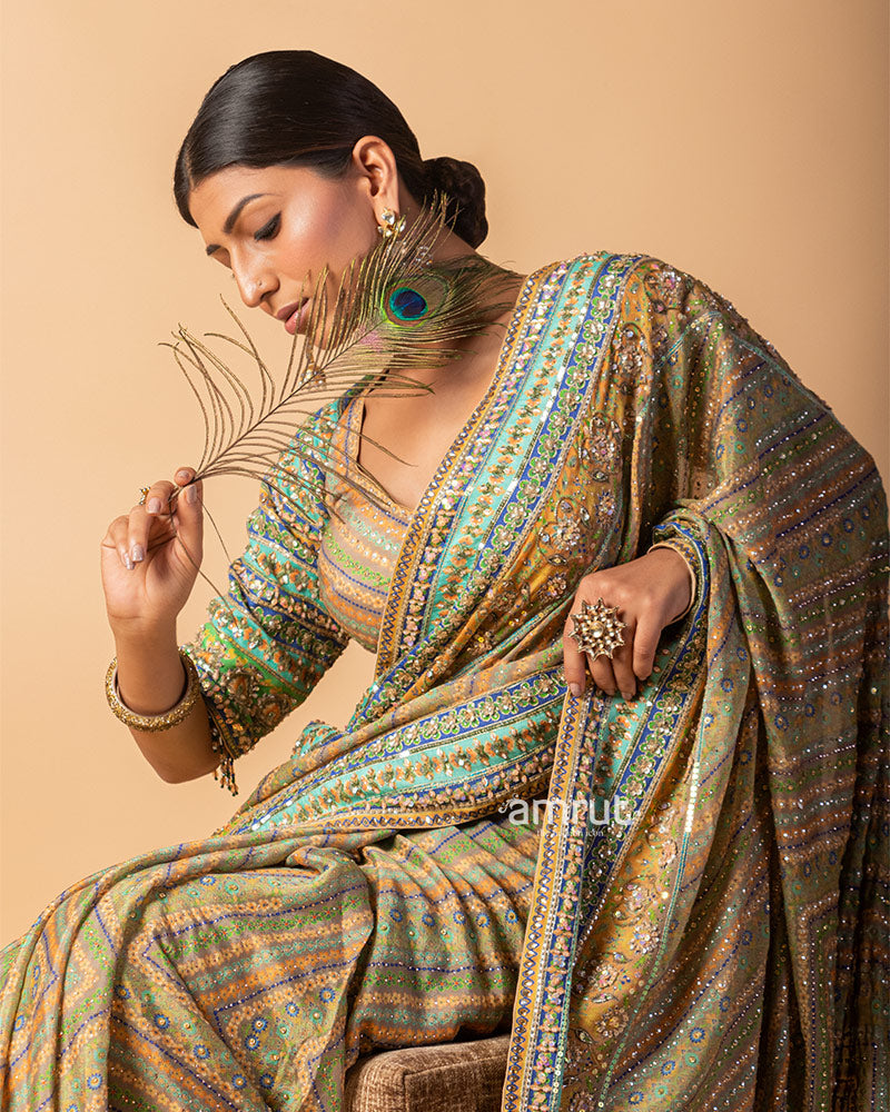 Olive Green Stripe Line Hand Embroidered Silk Saree With Stiched Blouse