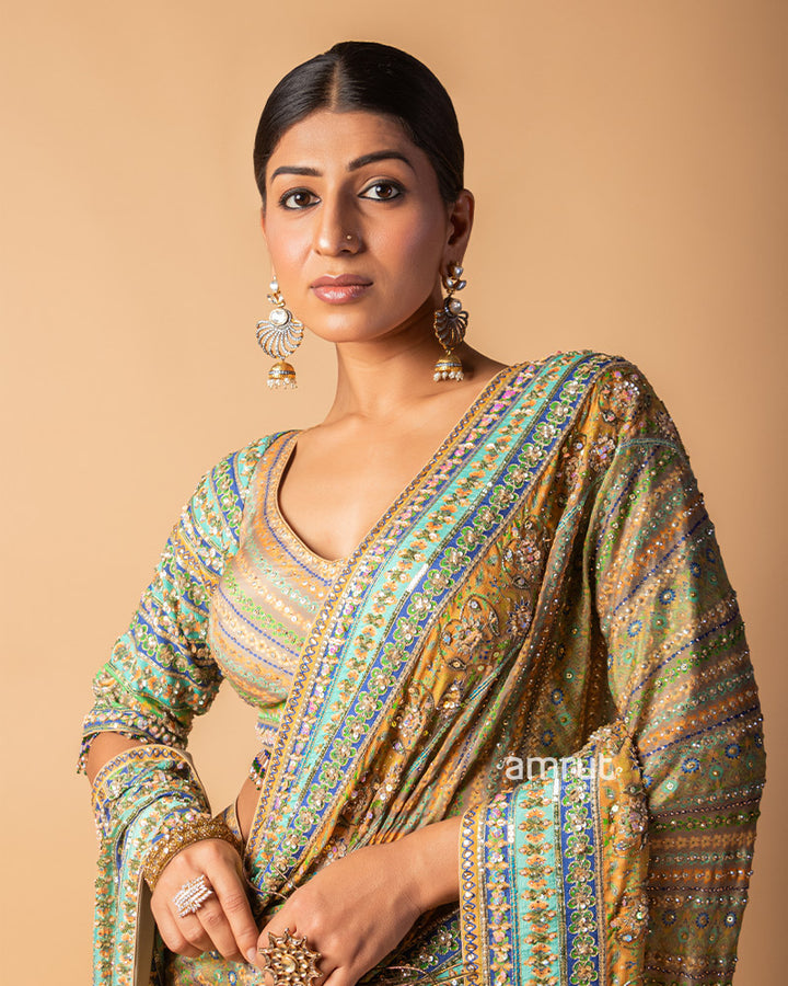 Olive Green Stripe Line Hand Embroidered Silk Saree With Stiched Blouse